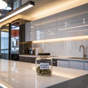 Jar of Girl Scout Cookies strain cannabis on a modern kitchen countertop with sleek cabinets and ambient lighting.