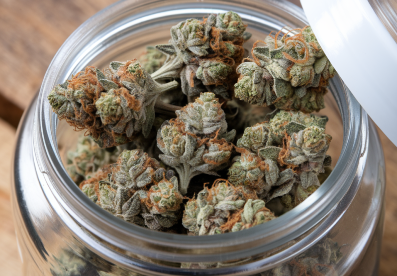 Glass jar filled with Wedding Cake cannabis buds featuring dense, frosty trichomes and orange pistils, placed on a wooden surface.