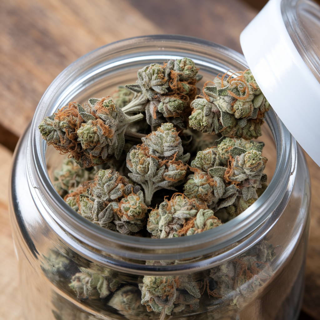 Glass jar filled with Wedding Cake cannabis buds featuring dense, frosty trichomes and orange pistils, placed on a wooden surface.