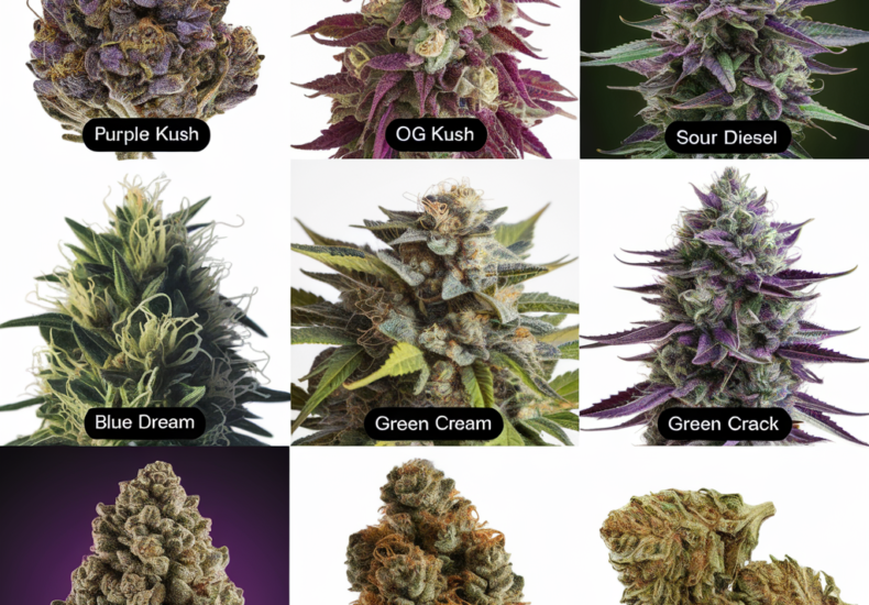 Image displaying nine popular cannabis strains: Purple Kush, OG Kush, Sour Diesel, Blue Dream, Green Cream, Green Crack, Granddaddy Purple, Girl Scout Cookies, and White Widow. Each strain showcases distinct colors and bud structures, highlighting the diversity in cannabis varieties