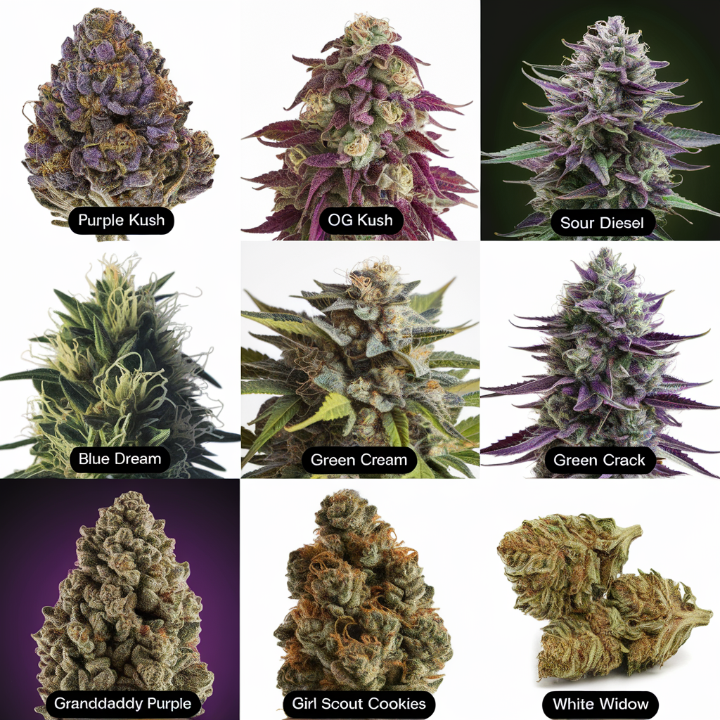 Image displaying nine popular cannabis strains: Purple Kush, OG Kush, Sour Diesel, Blue Dream, Green Cream, Green Crack, Granddaddy Purple, Girl Scout Cookies, and White Widow. Each strain showcases distinct colors and bud structures, highlighting the diversity in cannabis varieties