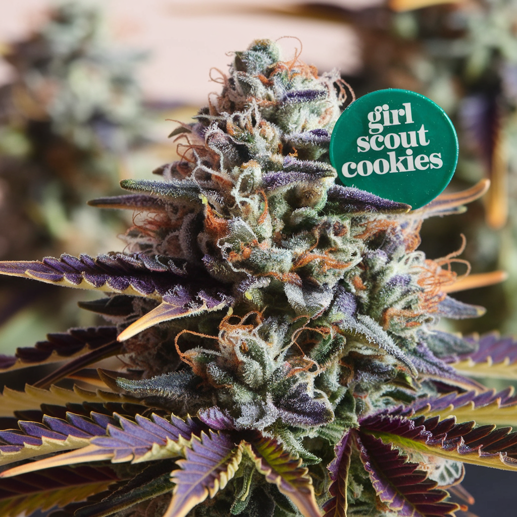 This image shows a close-up of a cannabis plant bud from the "Girl Scout Cookies" strain. The bud is densely covered with trichomes, giving it a frosty appearance, and features a mix of colors, including green, purple, and orange. The leaves surrounding the bud are tinged with purple and yellow edges. A green pin with white text reading "girl scout cookies" is placed on the bud, indicating the strain name. The background is slightly blurred, focusing the viewer's attention on the plant.