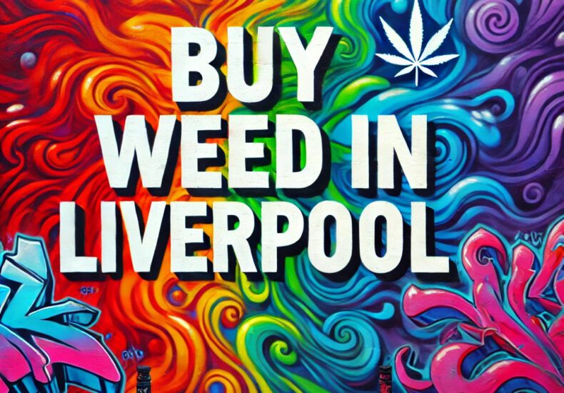 Colorful graffiti-covered wall with vibrant rainbow colors, featuring bold white centered text that reads "Buy Weed in Liverpool." The graffiti art adds a striking urban feel to the image.