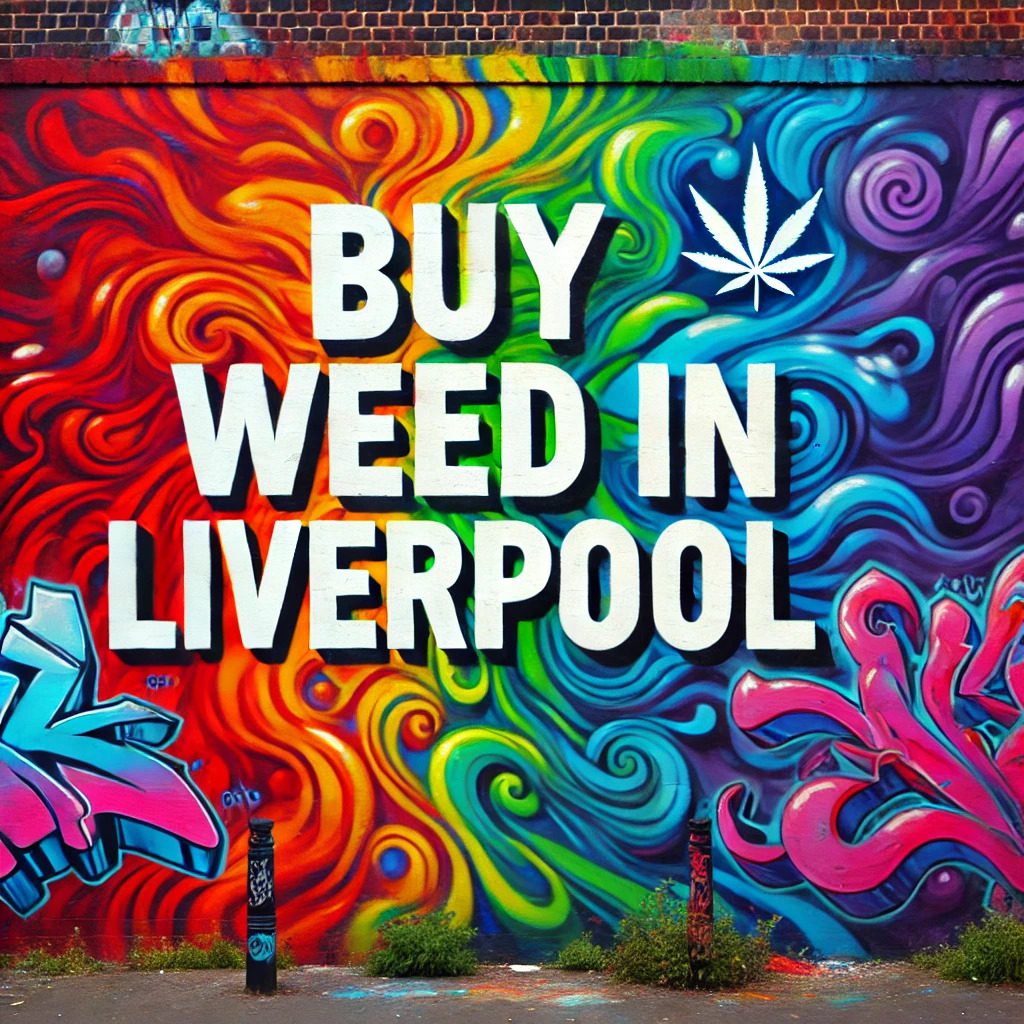 Colorful graffiti-covered wall with vibrant rainbow colors, featuring bold white centered text that reads "Buy Weed in Liverpool." The graffiti art adds a striking urban feel to the image.