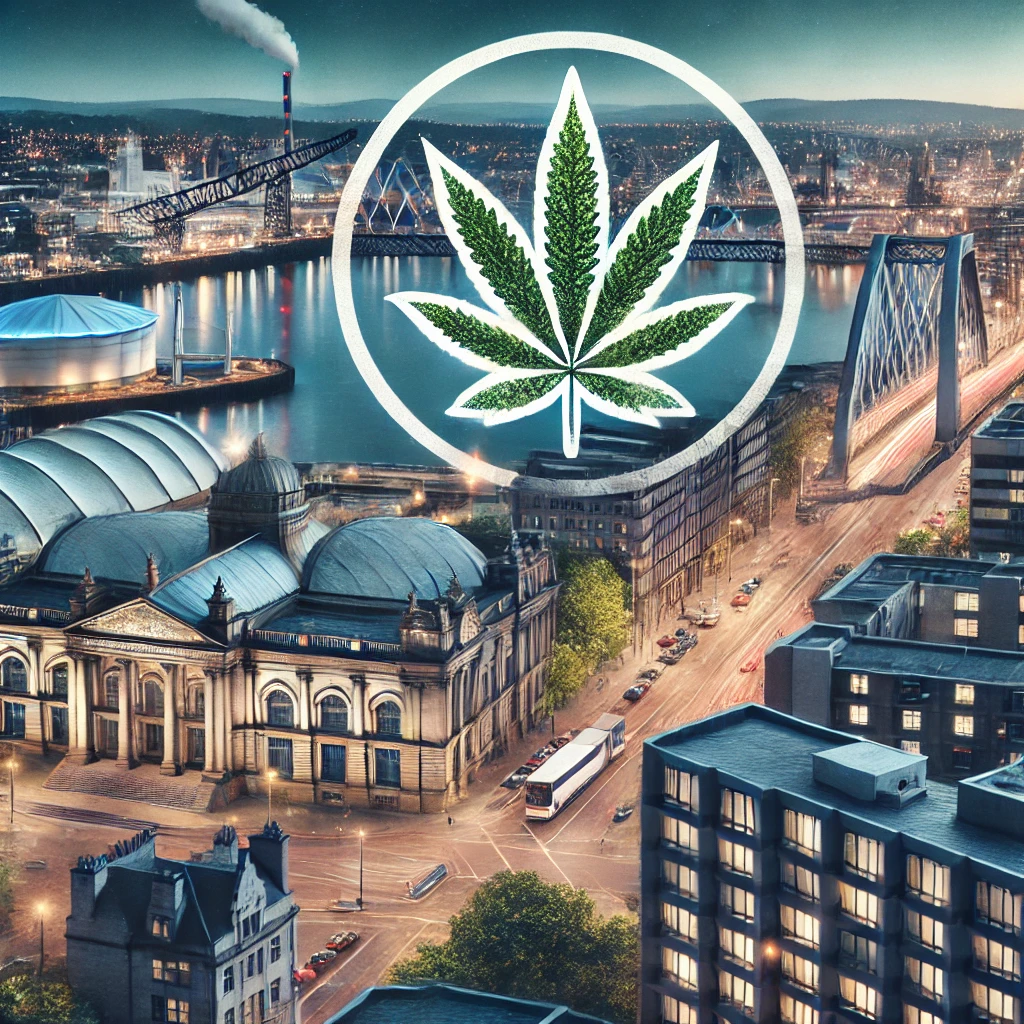 City of Glasgow with cannabis leaf symbolising the growing cannabis scene