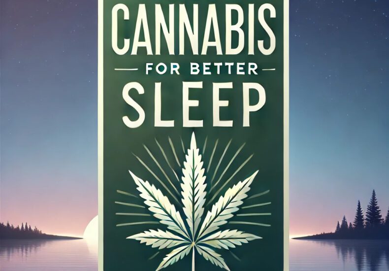 Poster promoting medical cannabis for better sleep with a large cannabis leaf in the center and a calm lake and forest scene in the background.