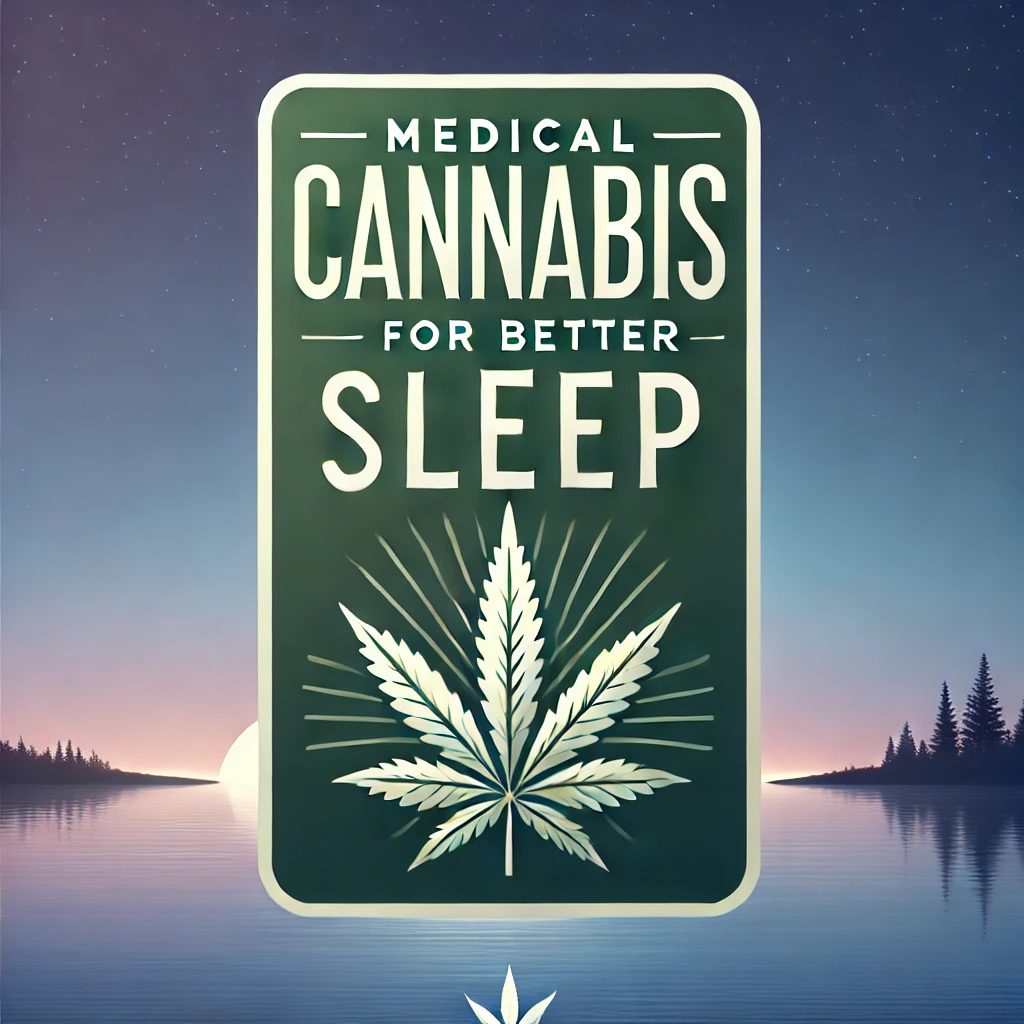 Poster promoting medical cannabis for better sleep with a large cannabis leaf in the center and a calm lake and forest scene in the background.