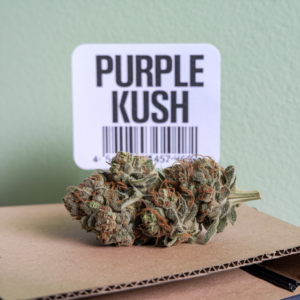 Platinum Purple Kush cannabis bud displayed on cardboard, with a barcode label reading 'Purple Kush' in the background."