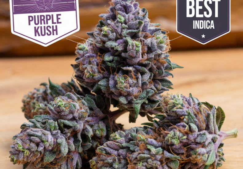 Close-up of Purple Kush cannabis buds with vibrant purple hues and dense trichomes, labeled as the 2019 Best Indica strain.