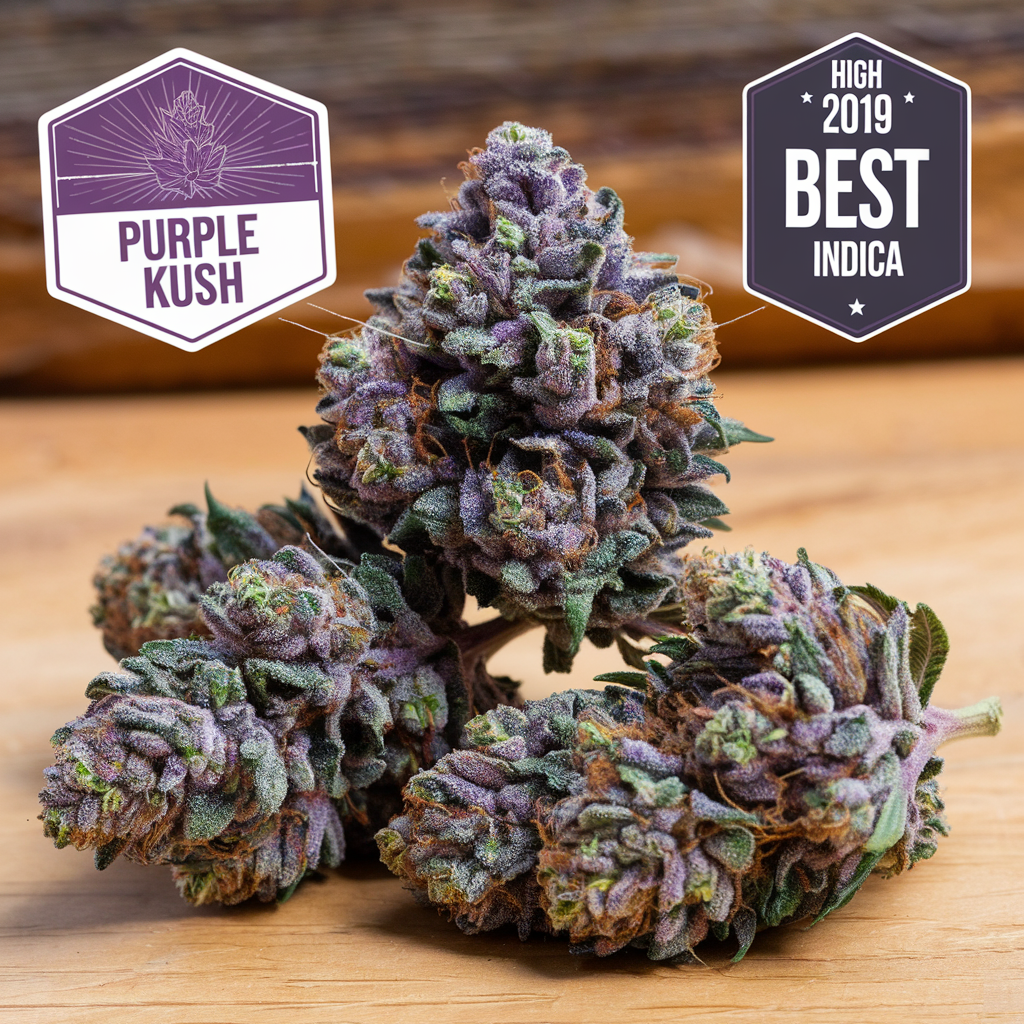 Close-up of Purple Kush cannabis buds with vibrant purple hues and dense trichomes, labeled as the 2019 Best Indica strain.