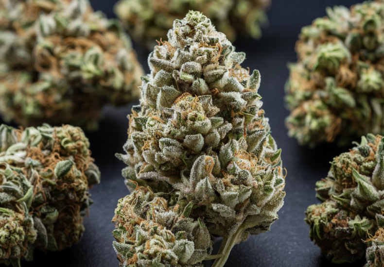 Tropicana Cookies cannabis buds with dense trichomes and orange hairs on a dark surface.