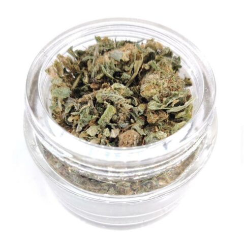 A glass jar filled with cannabis shake, featuring small pieces of dried cannabis leaves and buds.