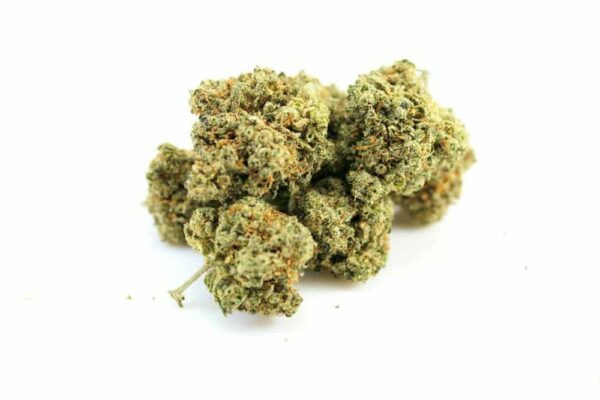 White Fire OG cannabis strain with dense frosty green buds covered in trichomes and orange pistils, displayed against a white background