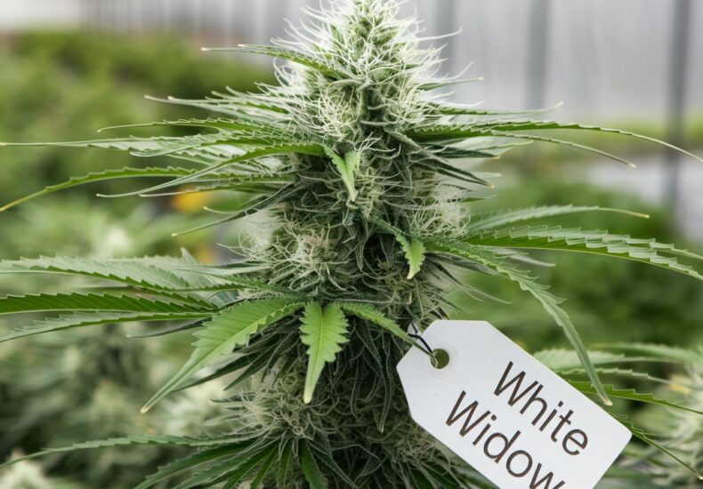 White Widow cannabis plant with dense buds and frosty trichomes in a greenhouse, labeled with a tag.