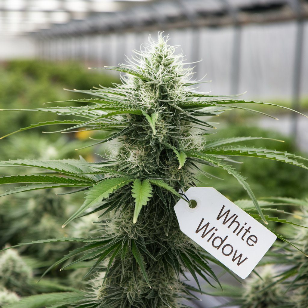 White Widow cannabis plant with dense buds and frosty trichomes in a greenhouse, labeled with a tag.