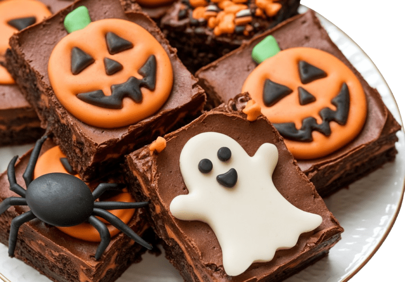 Halloween weed brownies decorated with ghost, pumpkin, and spider designs.