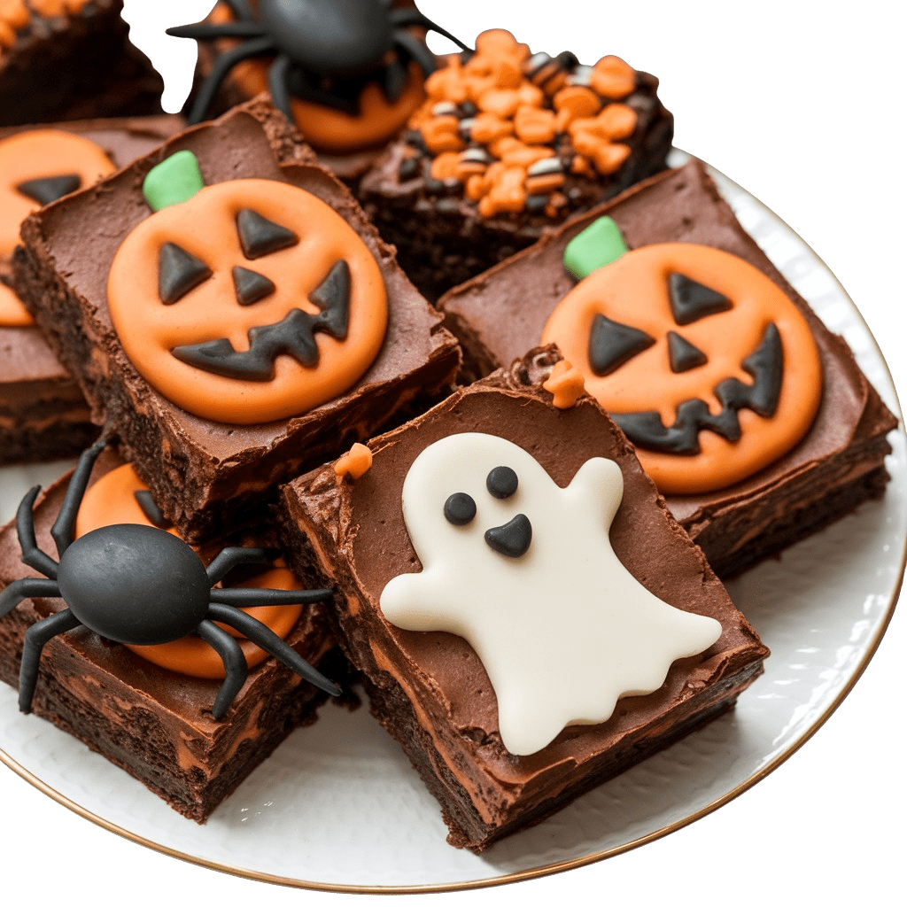 Halloween weed brownies decorated with ghost, pumpkin, and spider designs.