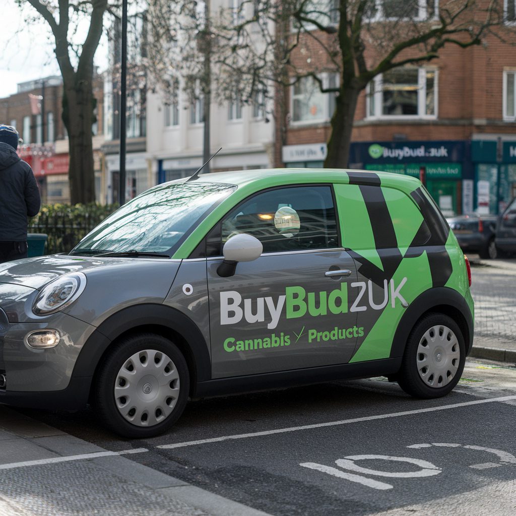 A compact car with BuyBudZUK branding parked on a city street. The vehicle features the company’s green and gray colors with the text "Cannabis Products" on the side, promoting cannabis delivery services in the UK